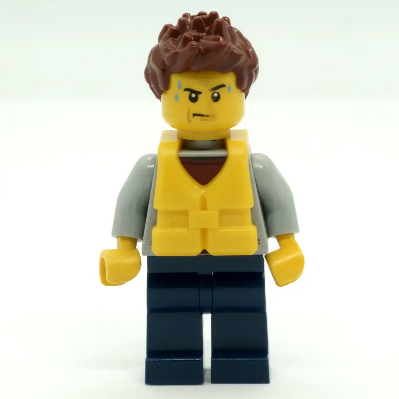 Man, Light Bluish Gray Hoodie over Dark Red Shirt, Dark Blue Legs, Yellow Life Vest
