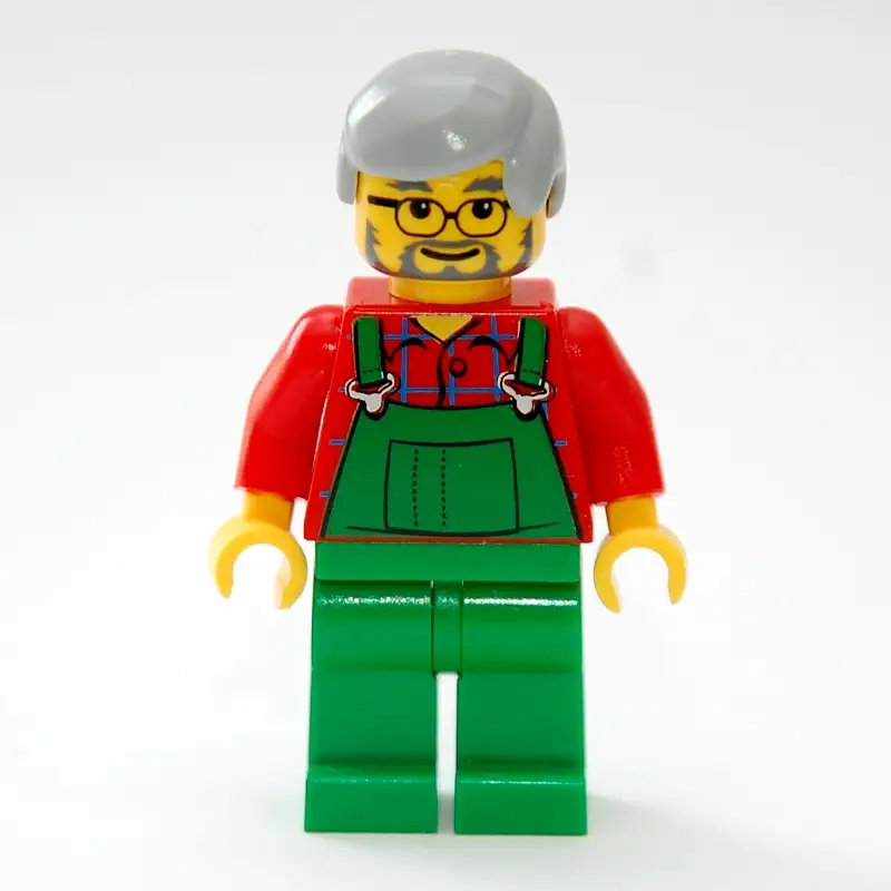 Man, Green Overalls over Red Shirt, Light Bluish Gray Hair, Glasses and Beard