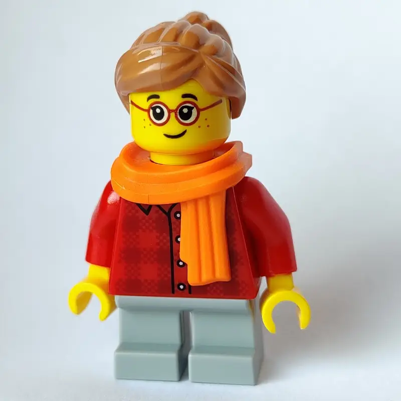 Girl, Red Flannel Shirt, Short Light Bluish Gray Legs, Orange Scarf, Glasses