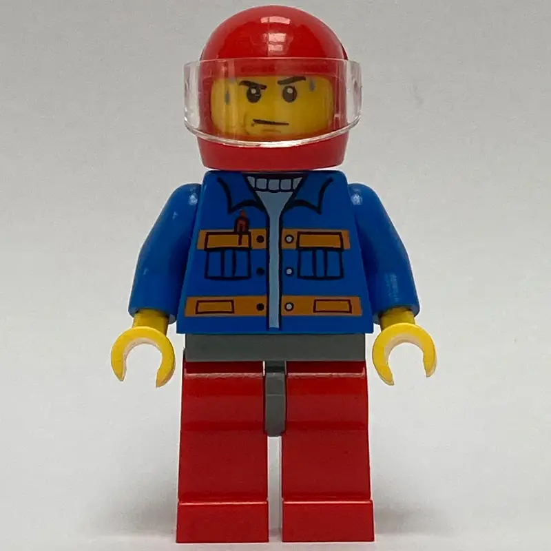 Man, Blue Jacket with Orange Stripes, Red Legs, Red Helmet with Visor