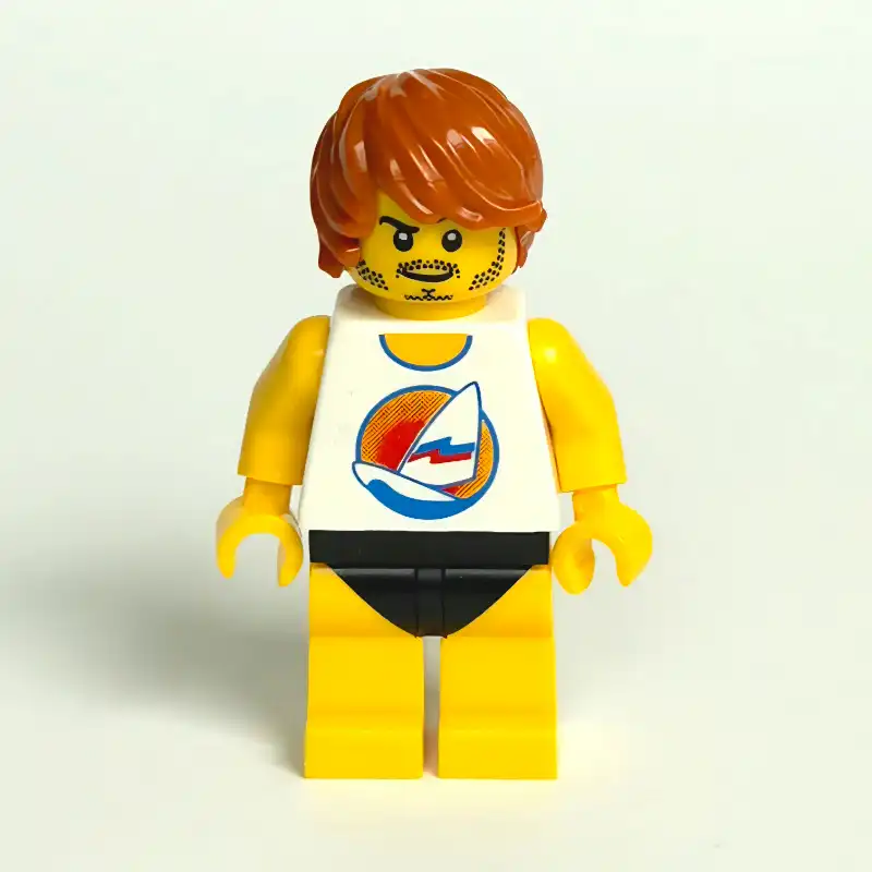 Surfer, White Tank Top with Windsurfer, Yellow Legs with Black Swim Trunks