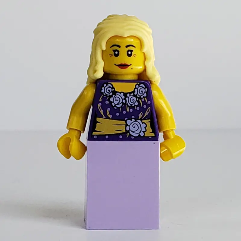 Musician, Woman, Dark Purple Outfit with Blouse, Flowers and Gold Sash, Lavender Skirt