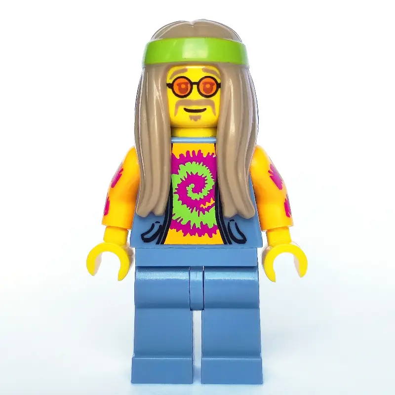 Flower Child, Open Sand Blue Vest over Bright Light Orange Shirt, Long Dark Tan Hair