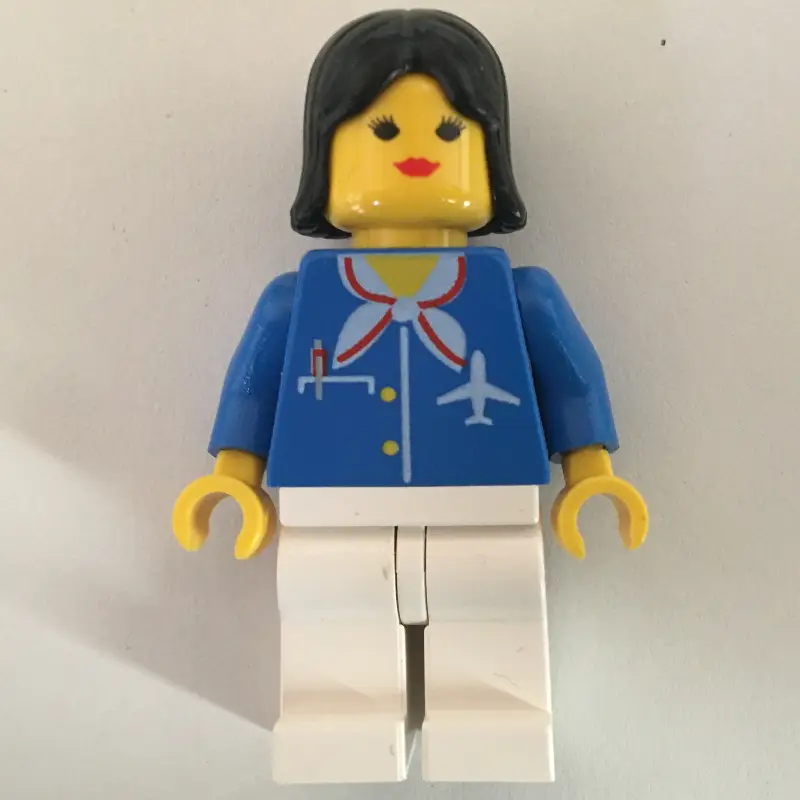 Airline Worker, Woman, Blue Jacket with Plane Logo and White Scarf, White Legs, Black Hair, Red Lips