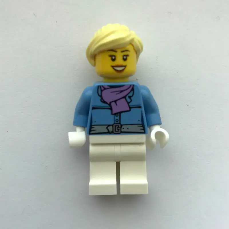Woman, Medium Blue Jacket with Medium Lavender Scarf, White Legs