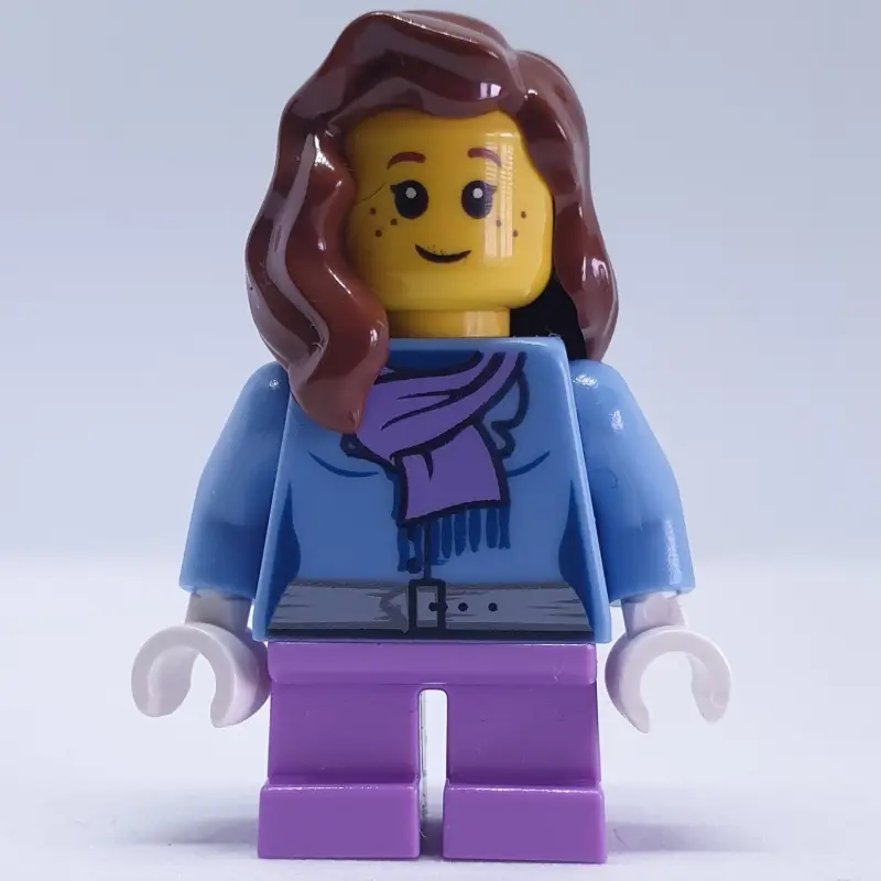 Girl, Medium Blue Jacket with Medium Lavender Scarf, Short Medium Lavender Legs, Reddish Brown Hair