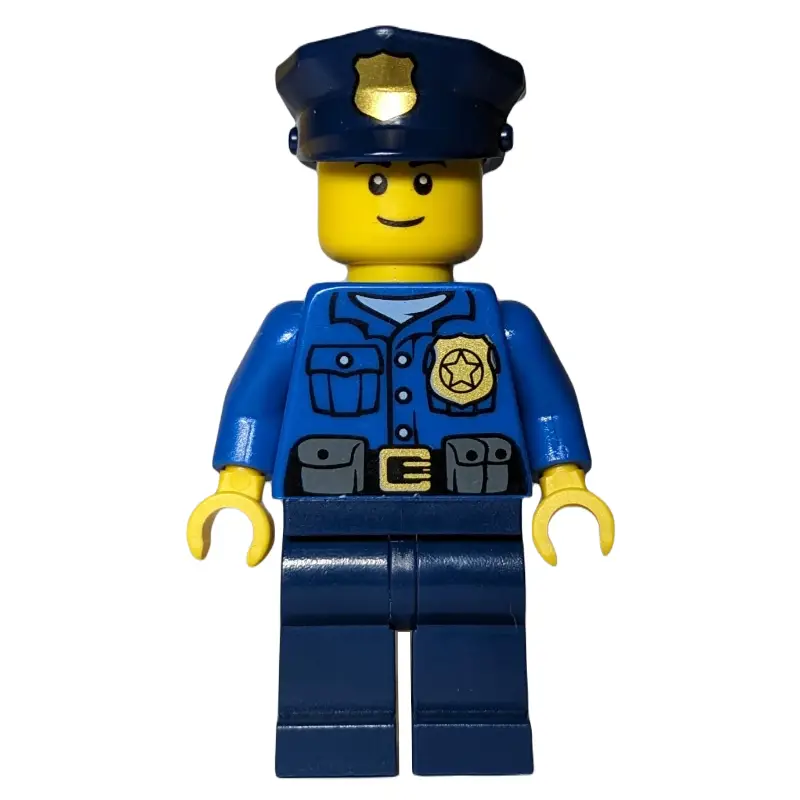 Policeman, Blue Shirt with Badge and Pouches, Dark Blue Legs, Dark Blue Police Hat with Badge
