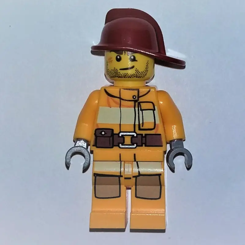 Fireman, Bright Light Orange Fire Suit, Dark Red Helmet, Scar