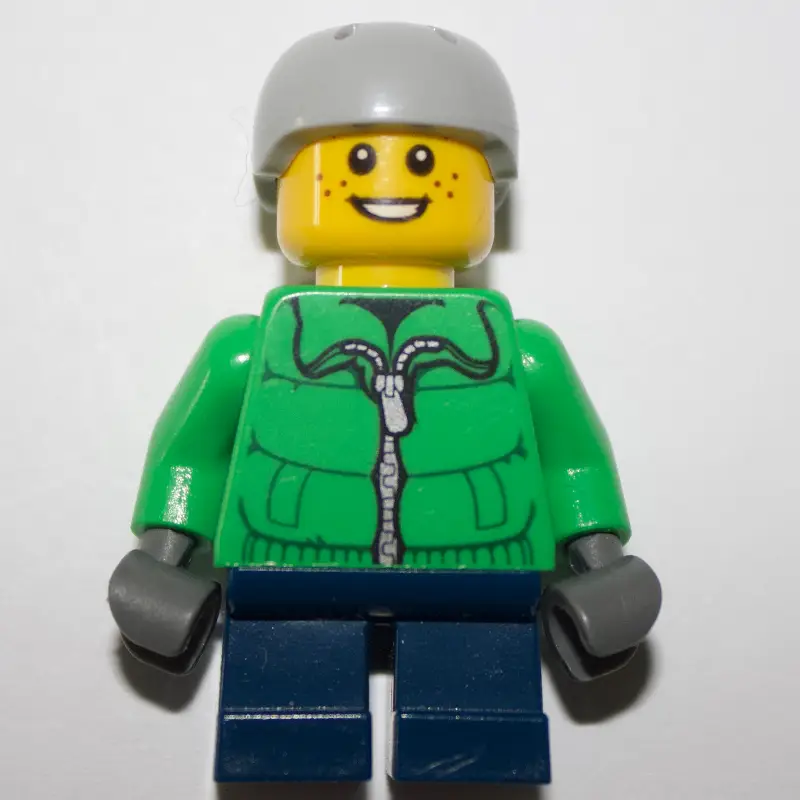 Boy, Green Jacket, Short Dark Blue Legs, Light Bluish Gray Helmet