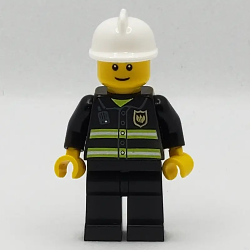 Fireman, Black Fire Jacket with Radio and Badge, White Helmet, Reddish Brown Eyebrows (3626b Head)