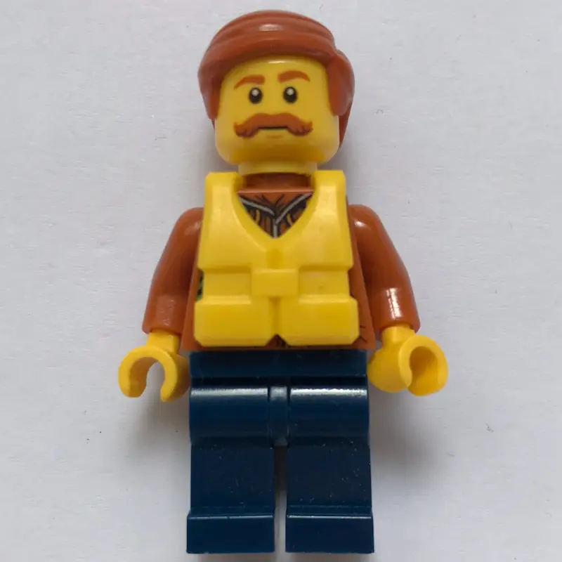 Explorer, Jacket with Pouches, Radio, and Rope, Dark Orange Hair, Yellow Life Vest, Moustache