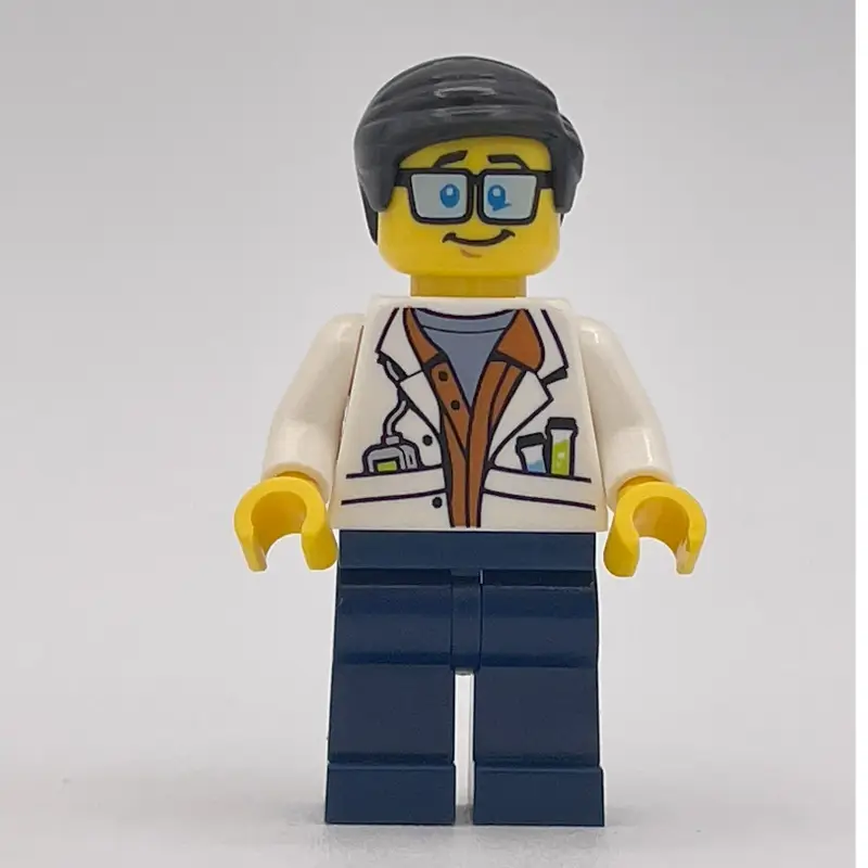 Scientist, Open White Jacket over Dark Orange Shirt, Dark Blue Legs, Neat Black Hair, Glasses