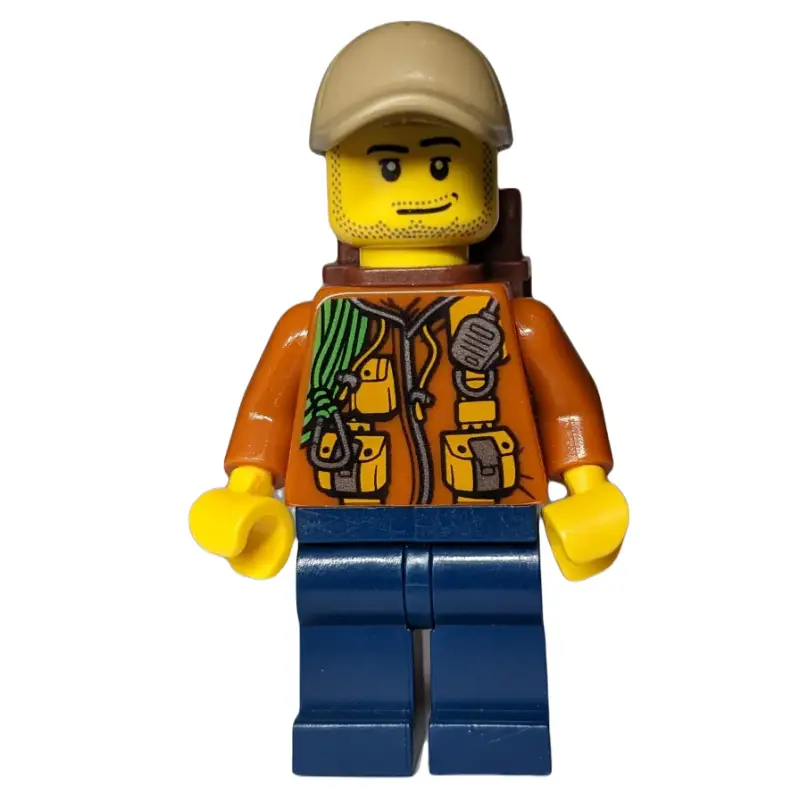 Explorer, Jacket with Pouches, Radio, and Rope, Dark Tan Cap, Backpack, Stubble