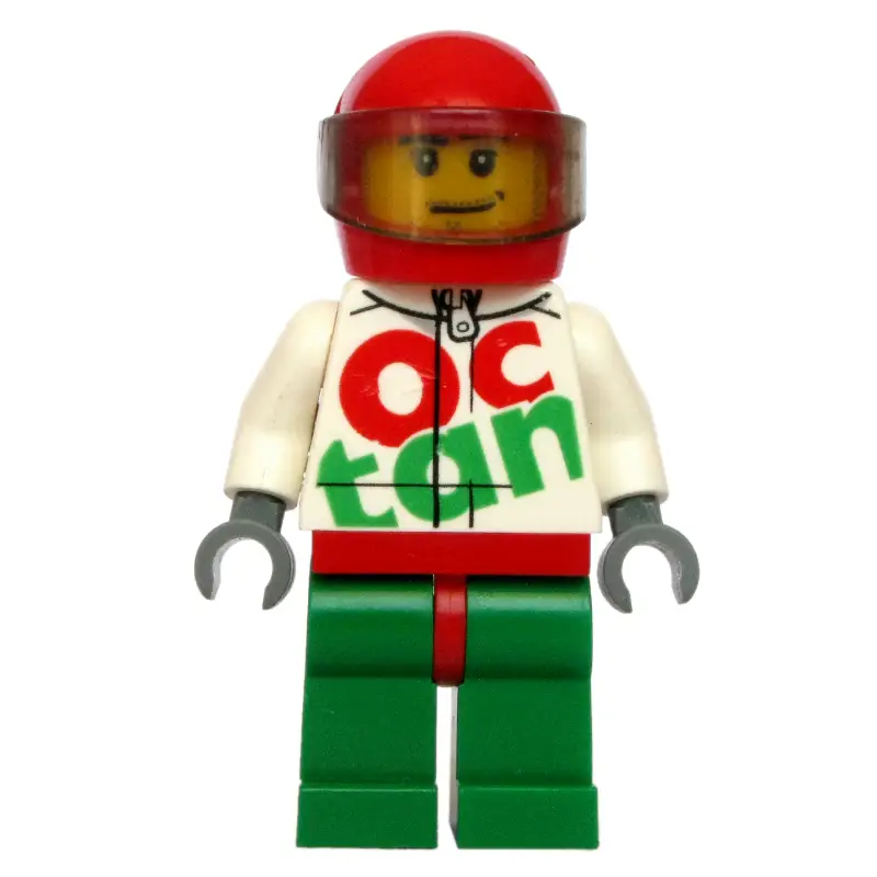 Racer, White and Green Jumpsuit with Large 'Octan', Red Helmet with Visor, Stubble