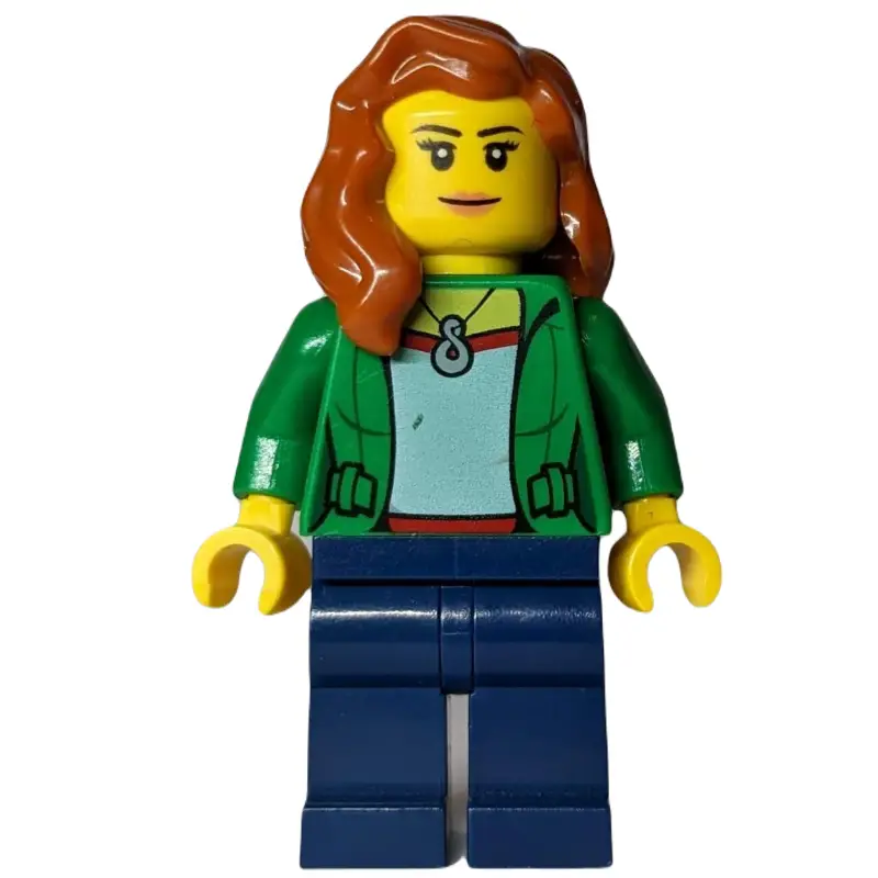 Woman, Open Green Jacket with Necklace, Dark Orange Hair