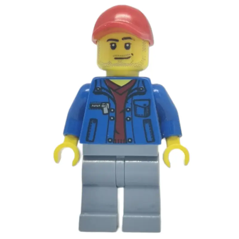 Man, Open Blue Jacket over Dark Red Shirt, Sand Blue Legs, Red Cap, Stubble