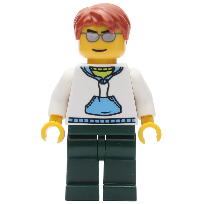 Man, White and Blue Hoodie, Dark Green Legs, Dark Orange Hair, Sunglasses
