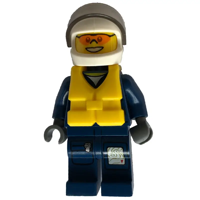 Policeman, Dark Blue Jacket with Pockets and Badge, White Helmet with Visor, Yellow Life Vest, Orange Sunglasses