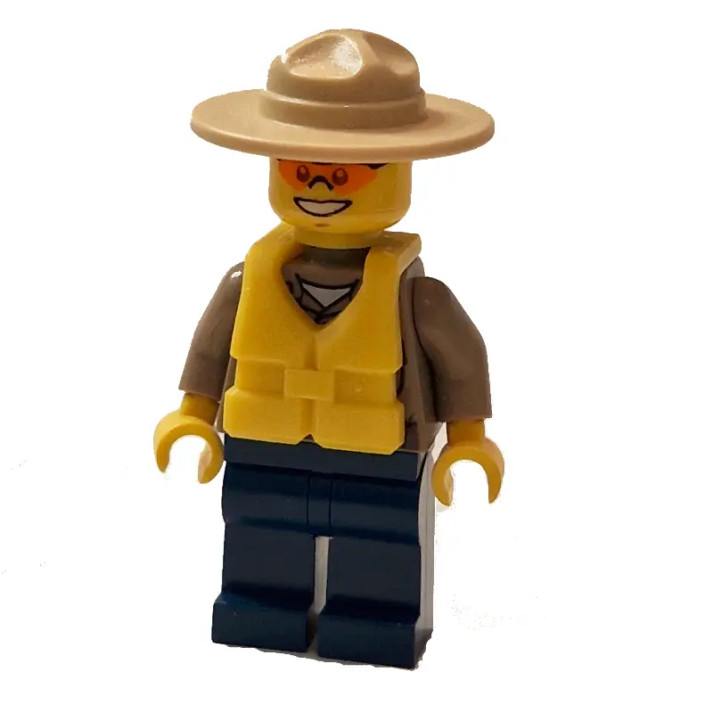 Forest Police / Ranger, Dark Tan Shirt with Radio and Badge, Dark Blue Legs, Tan Campaign Hat, Yellow Life Vest, Orange Sunglasses