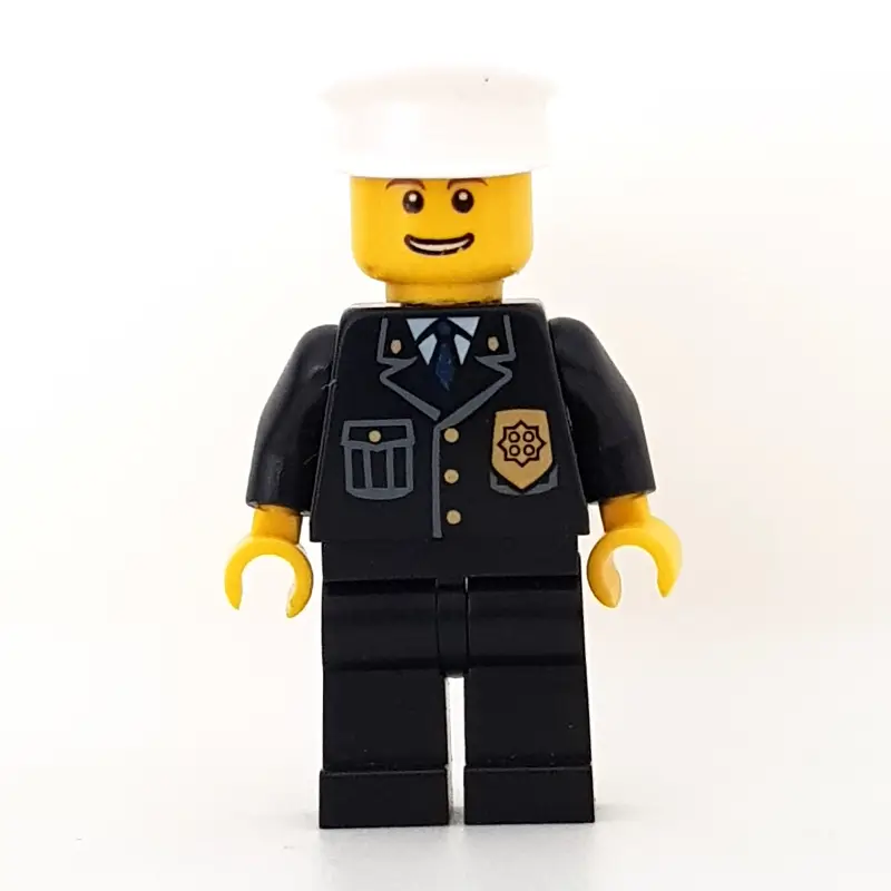 Policeman, Black Jacket with Pocket and Badge, White Hat, Open Mouth