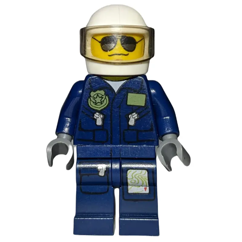 Policeman, Dark Blue Jacket with Pockets and Badge, White Helmet with Visor, Sunglasses and Wavy Mouth