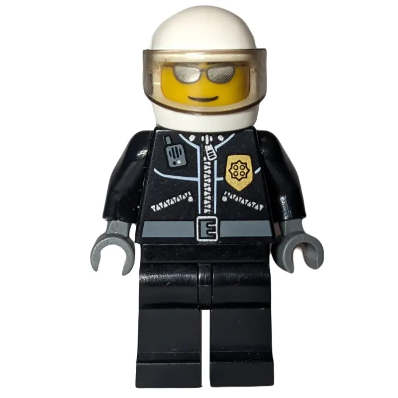 Policeman, Black Jacket with Zipper, Radio, Badge, and 'POLICE' on Back, White Helmet with Visor, Silver Sunglasses