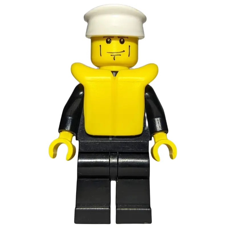 Policeman, Black Suit with Badge, White Hat, Yellow Life Vest, Cheek Lines and Brown Eyebrows