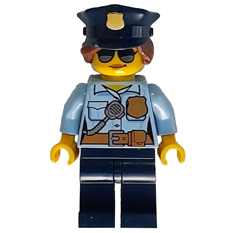 Policewoman, Bright Light Blue Shirt with Radio and Badge, Dark Blue Legs, Police Hat with Badge, Sunglasses