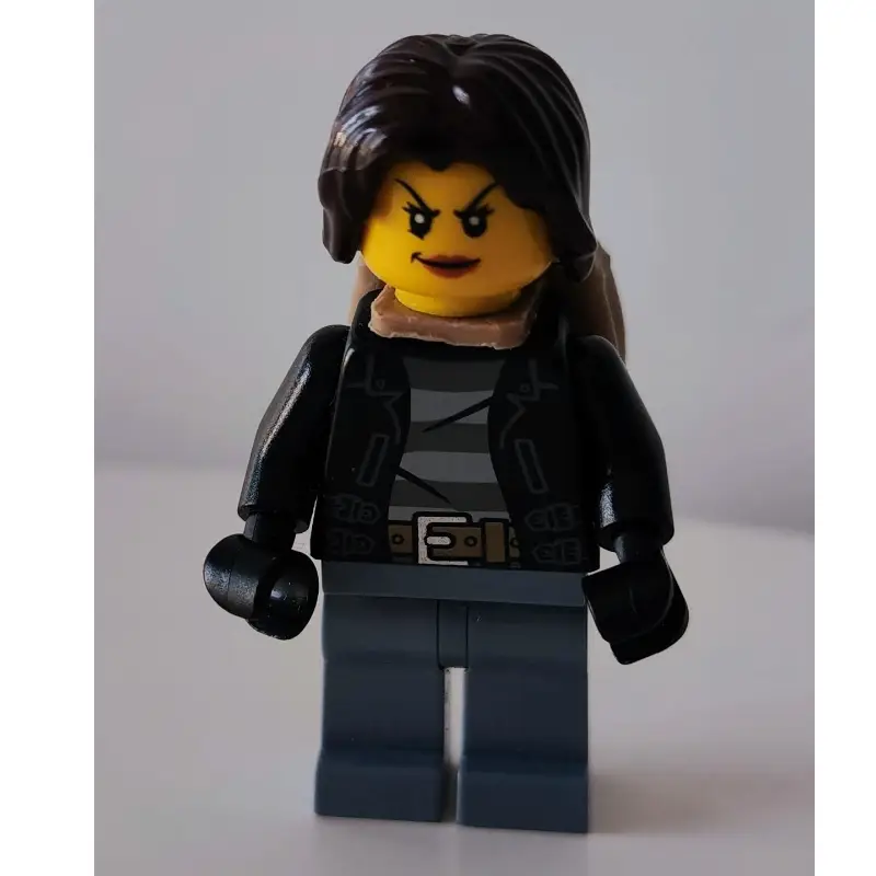 Criminal, Woman, Open Black Jacket over Prison Shirt, Dark Brown Hair, Dark Tan Backpack