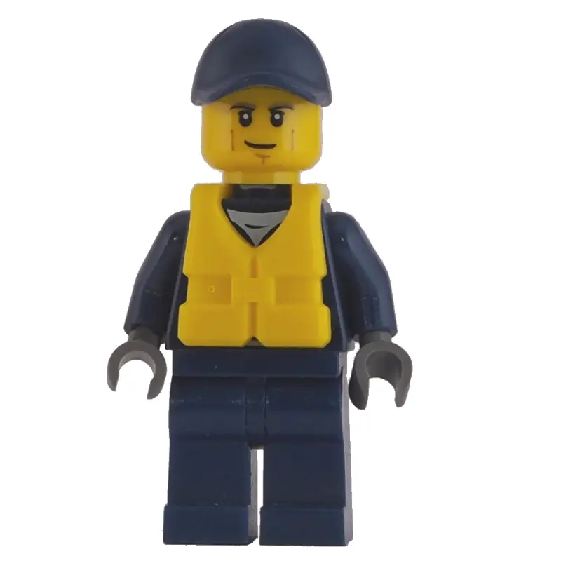 Policeman, Dark Blue Jacket with Zipper, Badge, and 'POLICE' on Back, Dark Blue Cap, Yellow Life Vest