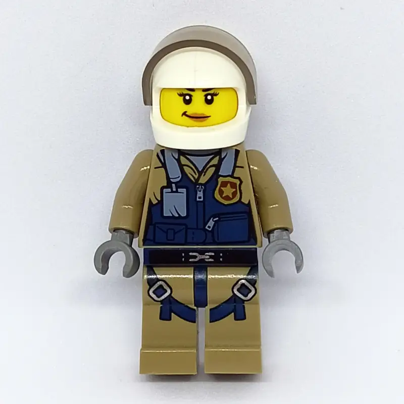 Policewoman, Dark Blue Vest over Dark Tan Jacket with Zipper and Badge, White Helmet with Visor