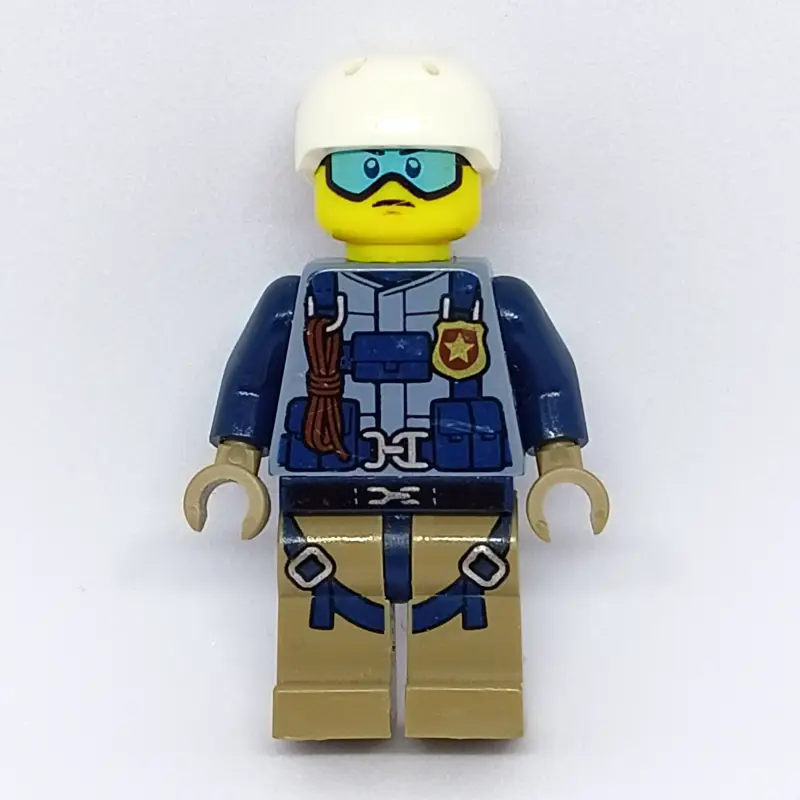 Policeman, Sand Blue Jacket with Badge, Rope, and Straps, White Helmet, Blue Goggles