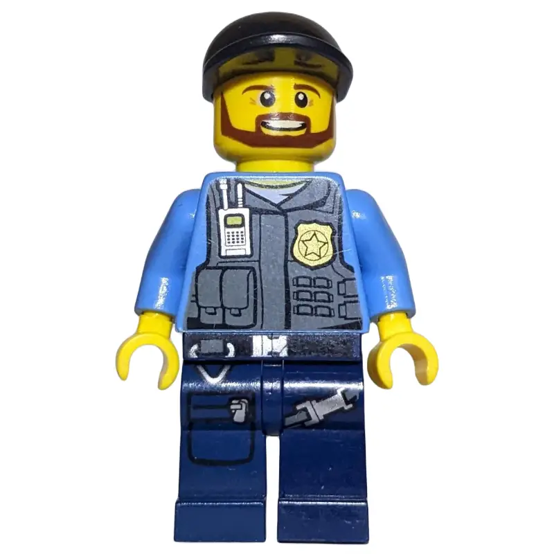 Policeman, Dark Bluish Gray Vest with Radio, Badge and Pouches over Medium Blue Shirt, Black Cap, Beard