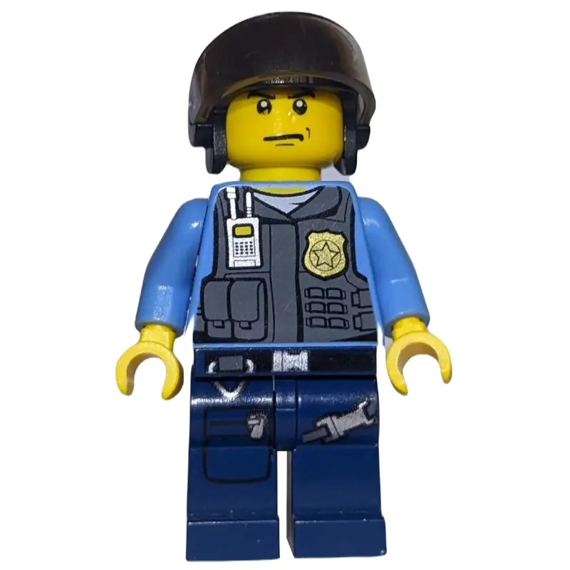 Policeman, Dark Bluish Gray Vest with Radio, Badge and Pouches over Medium Blue Shirt, Black Hat with Visor
