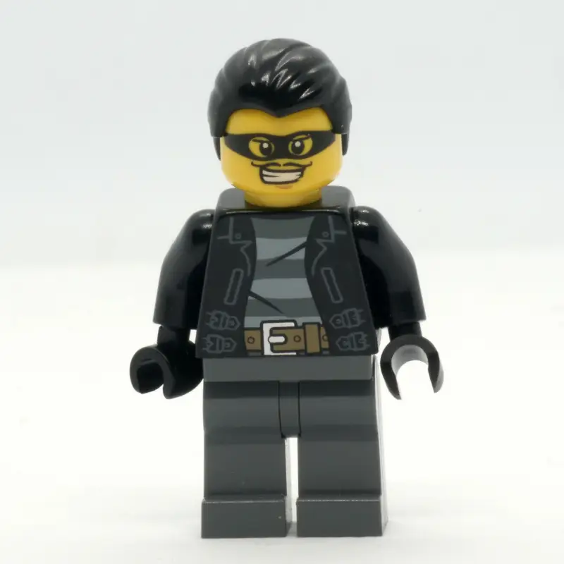 Criminal, Open Black Jacket over Prison Shirt, Dark Bluish Grey Legs, Black Hair, Black Eyemask