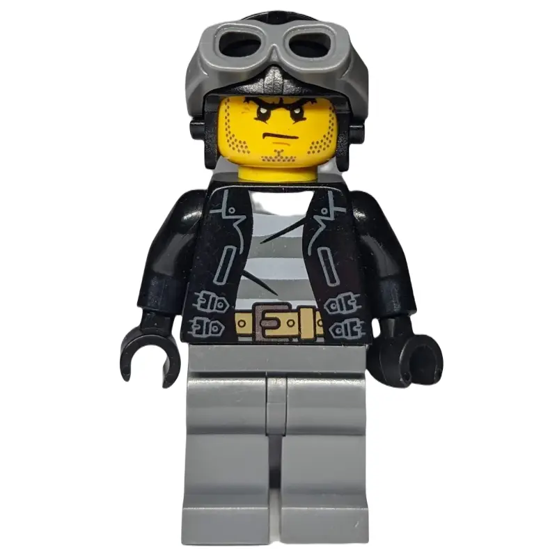 Criminal, Open Black Jacket over Prison Shirt, Dark Bluish Grey Legs, Black Hat with Goggles