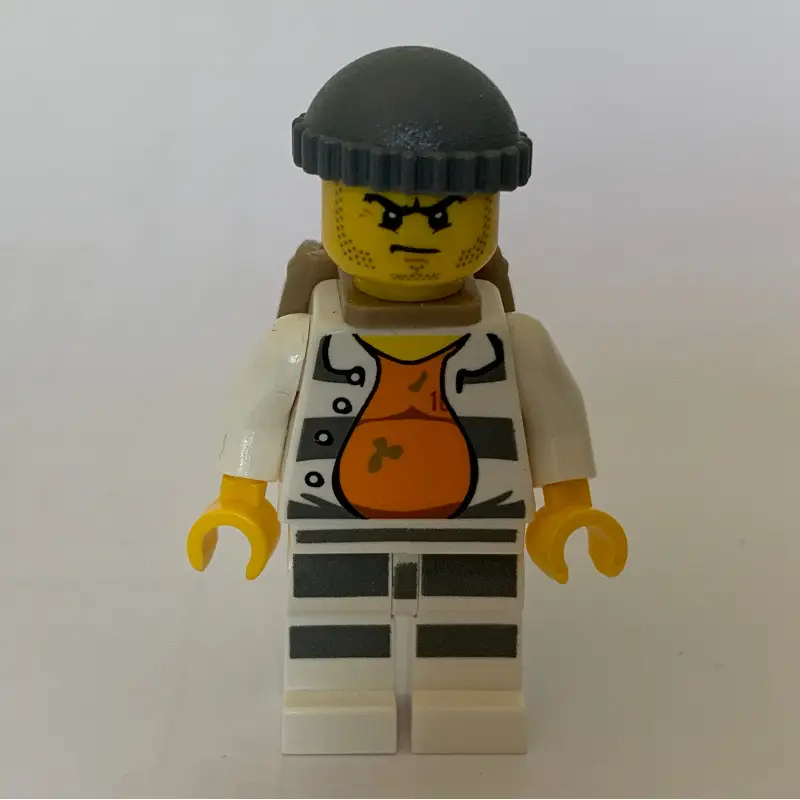 Criminal, Open Prison Shirt #18675 over Orange Top, Dark Bluish Gray Hat, Dark Tan Backpack, Stubble