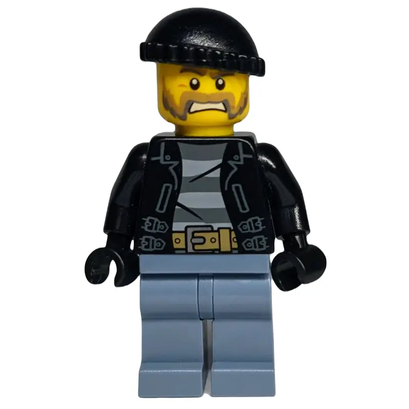 Criminal, Open Black Jacket over Prison Shirt, Sand Blue Legs, Black Hat, Beard