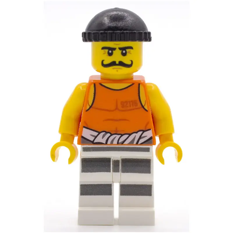 Criminal Simon Sin, Orange Vest with #92116 and Waist Tied Prison Shirt, Black Hat, Moustache