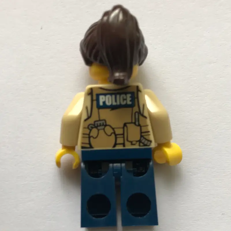 Swamp Police / Ranger, Woman, Dark Tan Vest with Zipper, Radio, and Badge, Dark Blue Legs, Dark Brown Hair