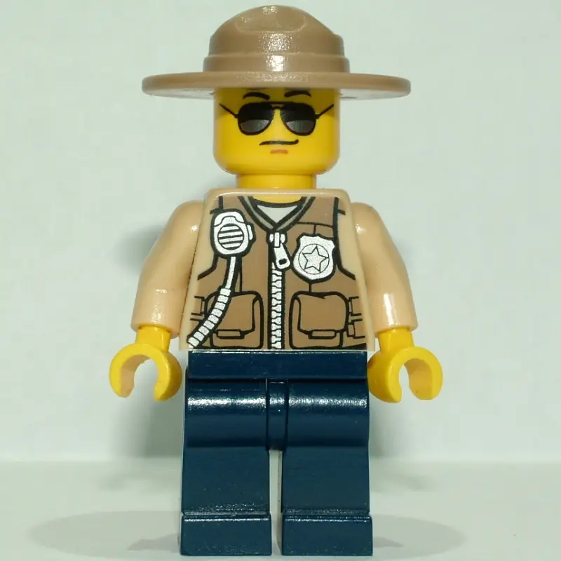 Swamp Police / Ranger, Dark Tan Vest with Zipper, Radio, and Badge, Dark Blue Legs, Tan Campaign Hat, Sunglasses