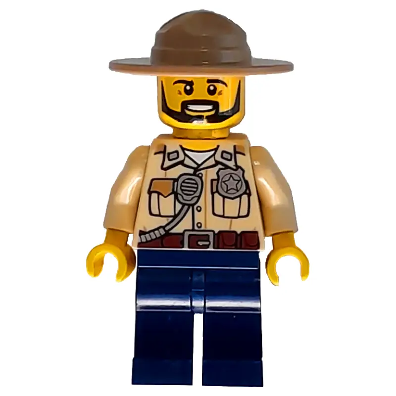 Swamp Police / Ranger, Tan Shirt with Badge and Radio, Dark Blue Legs, Dark Tan Campaign Hat, Beard