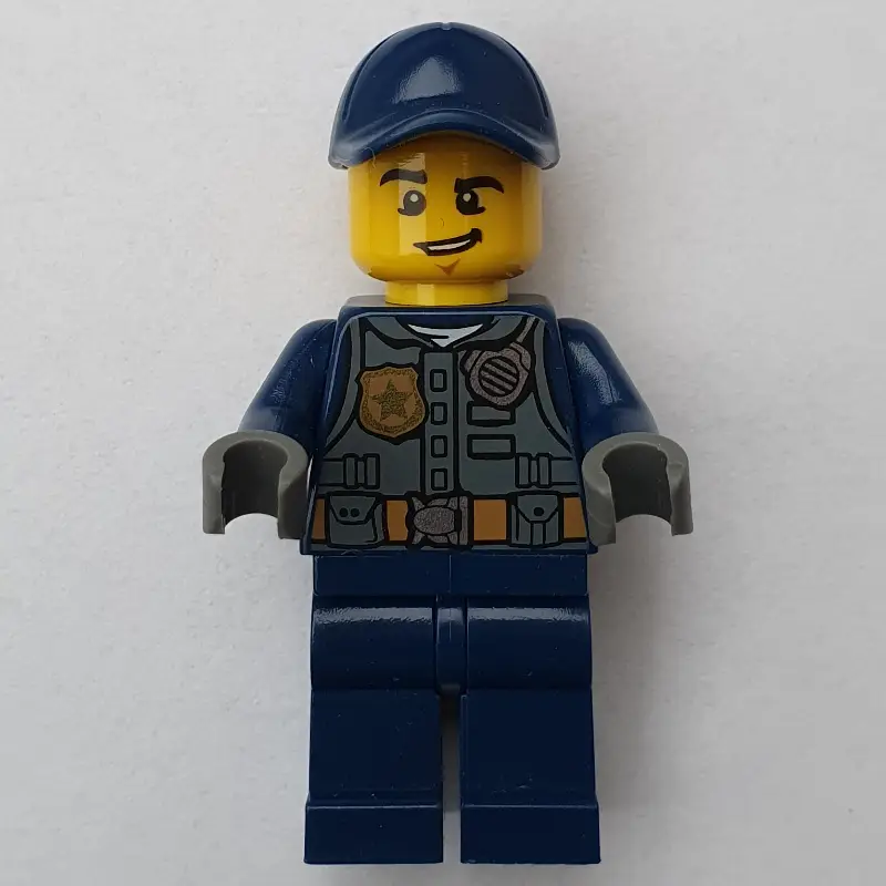 Policeman, Dark Bluish Gray Vest with Radio, Badge and Pouches over Dark Blue Shirt, Dark Blue Cap