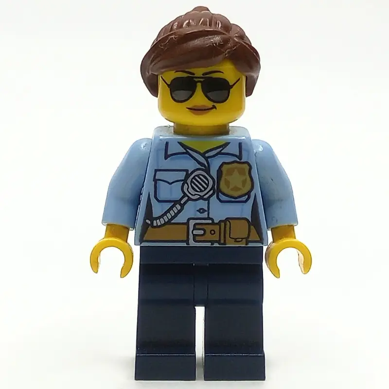 Policewoman, Bright Light Blue Shirt with Radio and Badge, Dark Blue Legs, Reddish Brown Hair, Sunglasses
