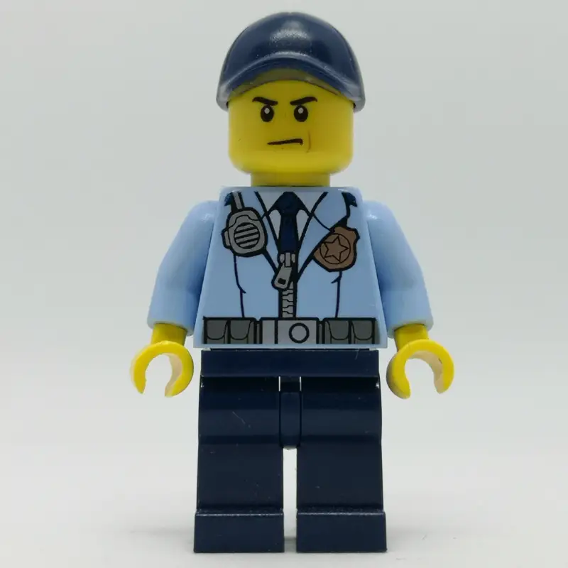 Policeman, Bright Light Blue Jacket with Zipper, Radio, Badge, and Tie, Dark Blue Legs, Dark Blue Cap