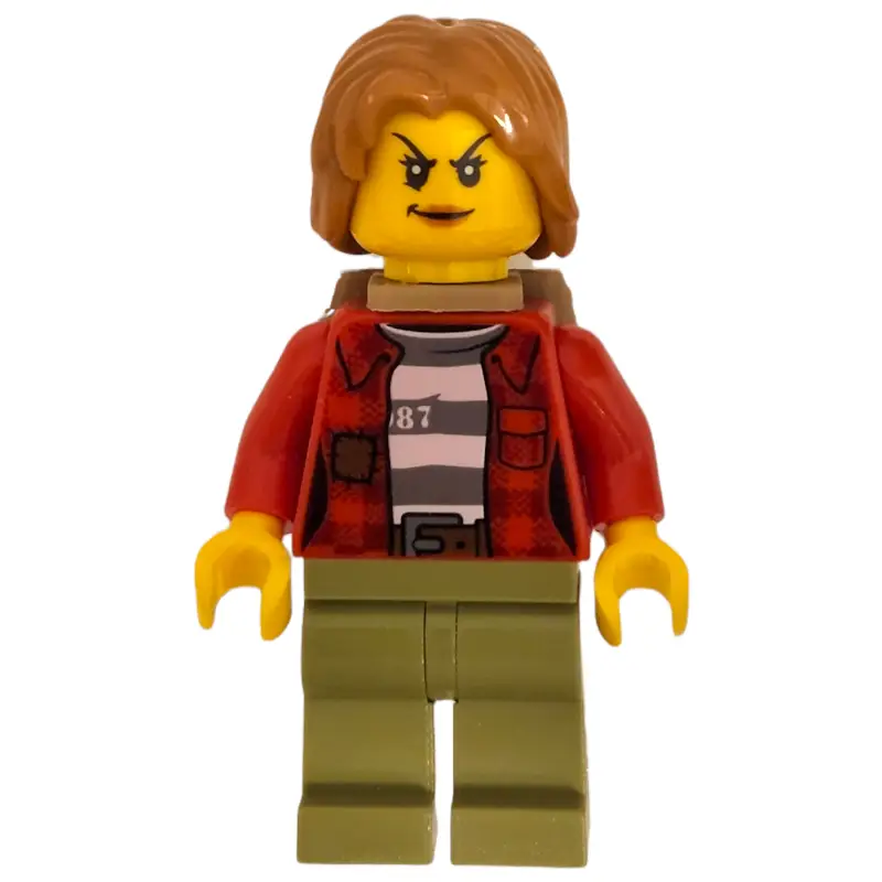 Criminal, Woman, Open Red Flannel Shirt over Prison Shirt, Medium Nougat Hair, Backpack