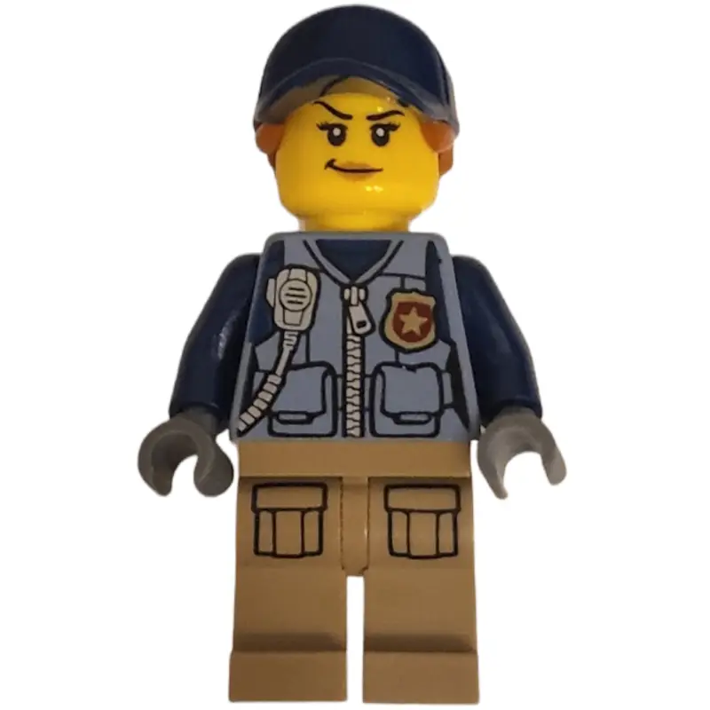Policewoman, Sand Blue Vest with Zipper, Radio, Badge and Pouches, Tan Legs, Dark Blue Cap with Hair