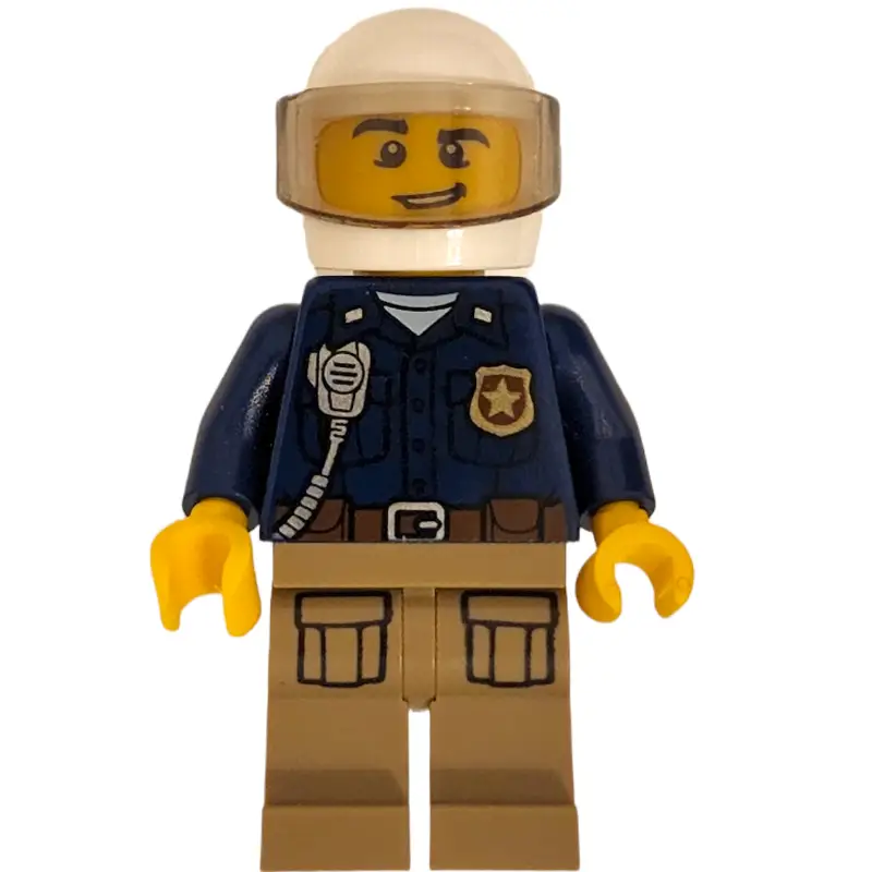 Policeman, Dark Blue Shirt with Radio and Badge, Dark Tan Legs, White Helmet with Visor