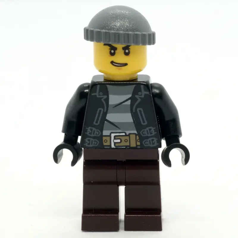 Criminal, Open Black Jacket over Prison Shirt, Dark Brown Legs, Dark Bluish Gray Hat