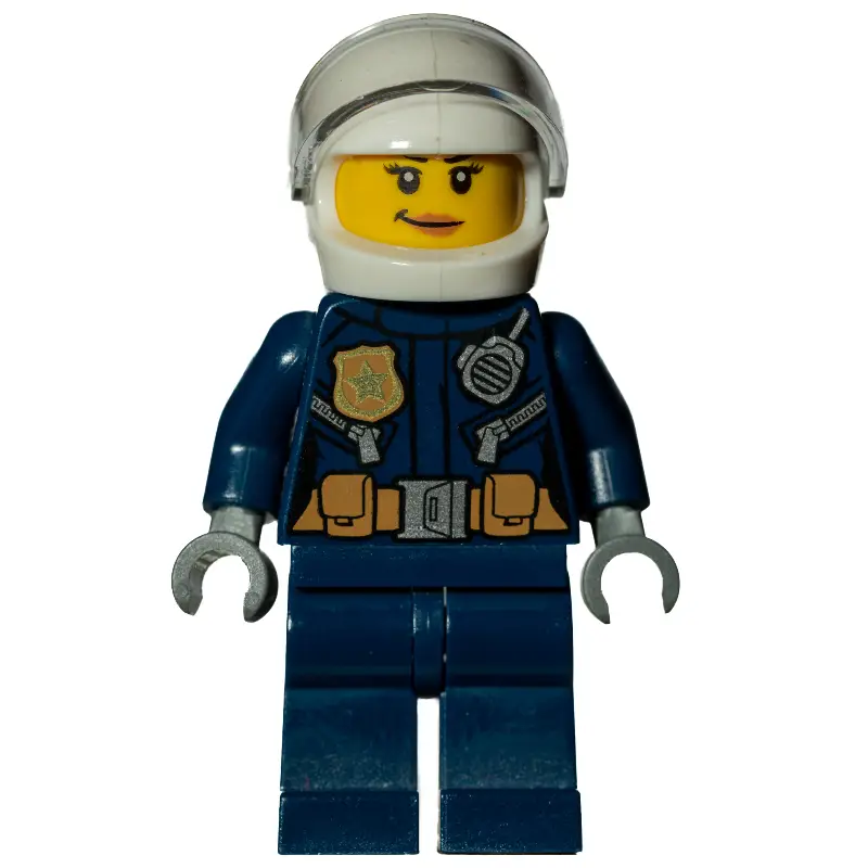 Policewoman, Dark Blue Jacket with Radio, Badge, and Belt with Pouches, White Helmet with Trans-Clear Visor, Smirk